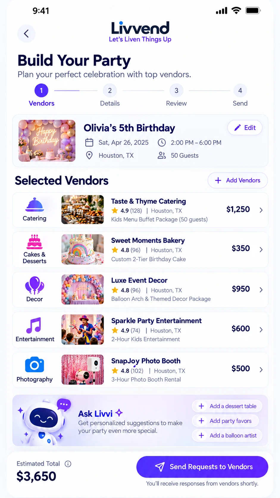 LivVend Build Your Party screen with selected vendors and estimated total