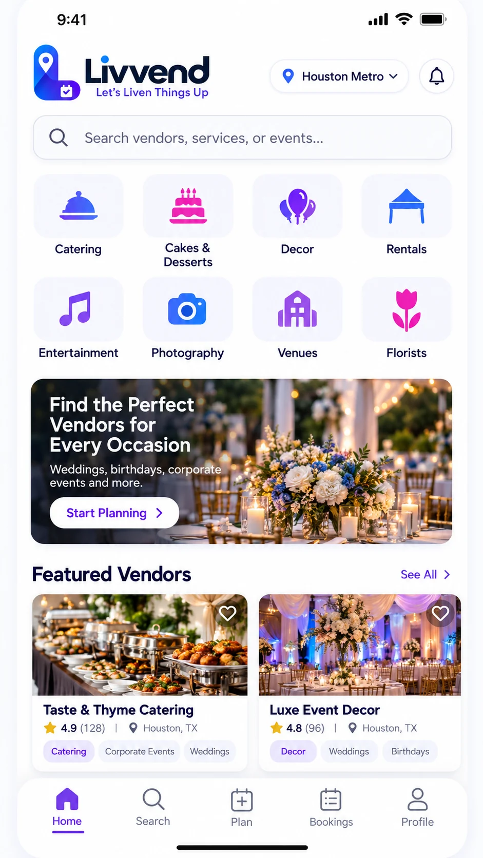 LivVend homepage with event categories, featured vendors and search