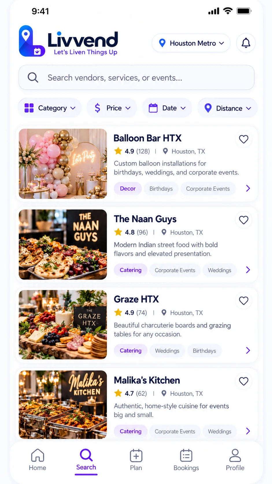 LivVend vendor search results with filters and vendor listings