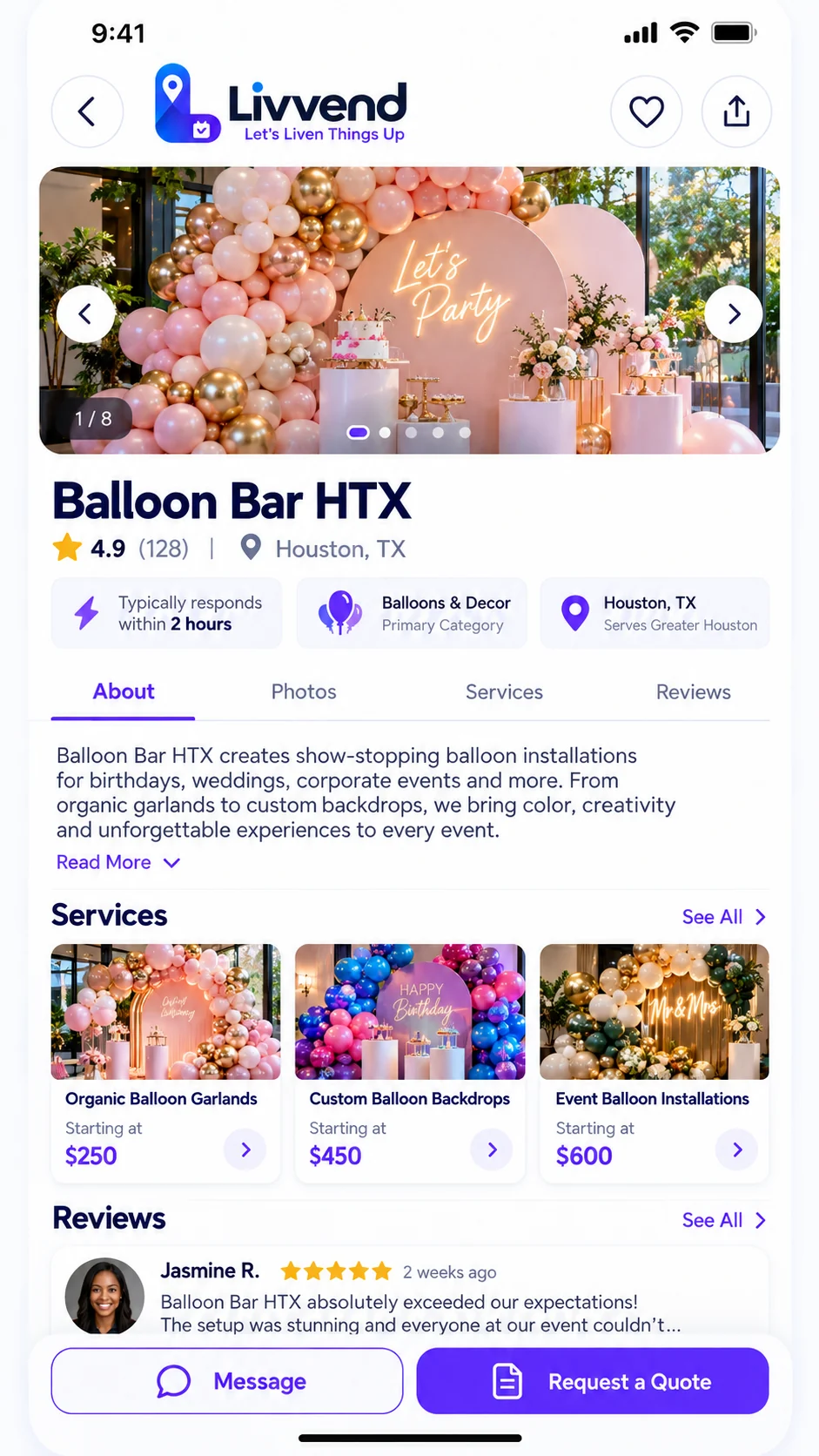 LivVend vendor profile showing photos, services, reviews and messaging options