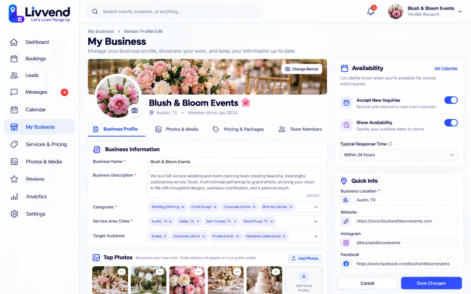 LivVend vendor business profile management screen