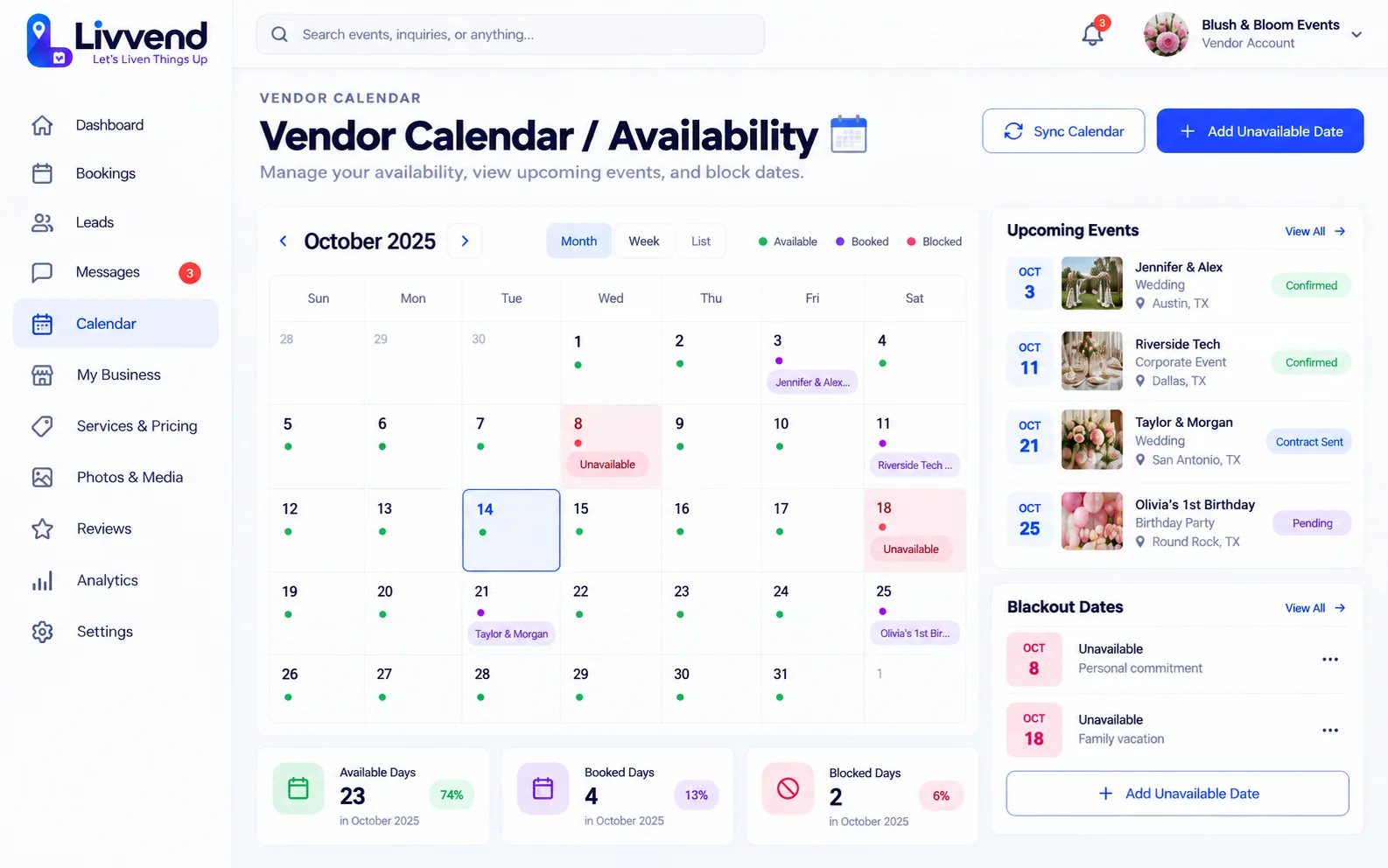 LivVend vendor calendar and availability screen