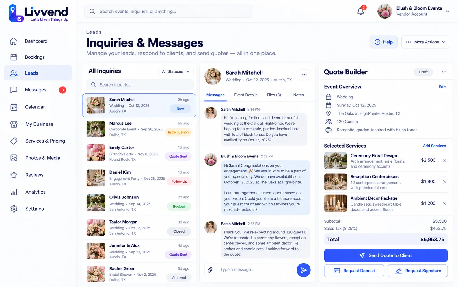 LivVend vendor inquiries, messages, and quote builder screen
