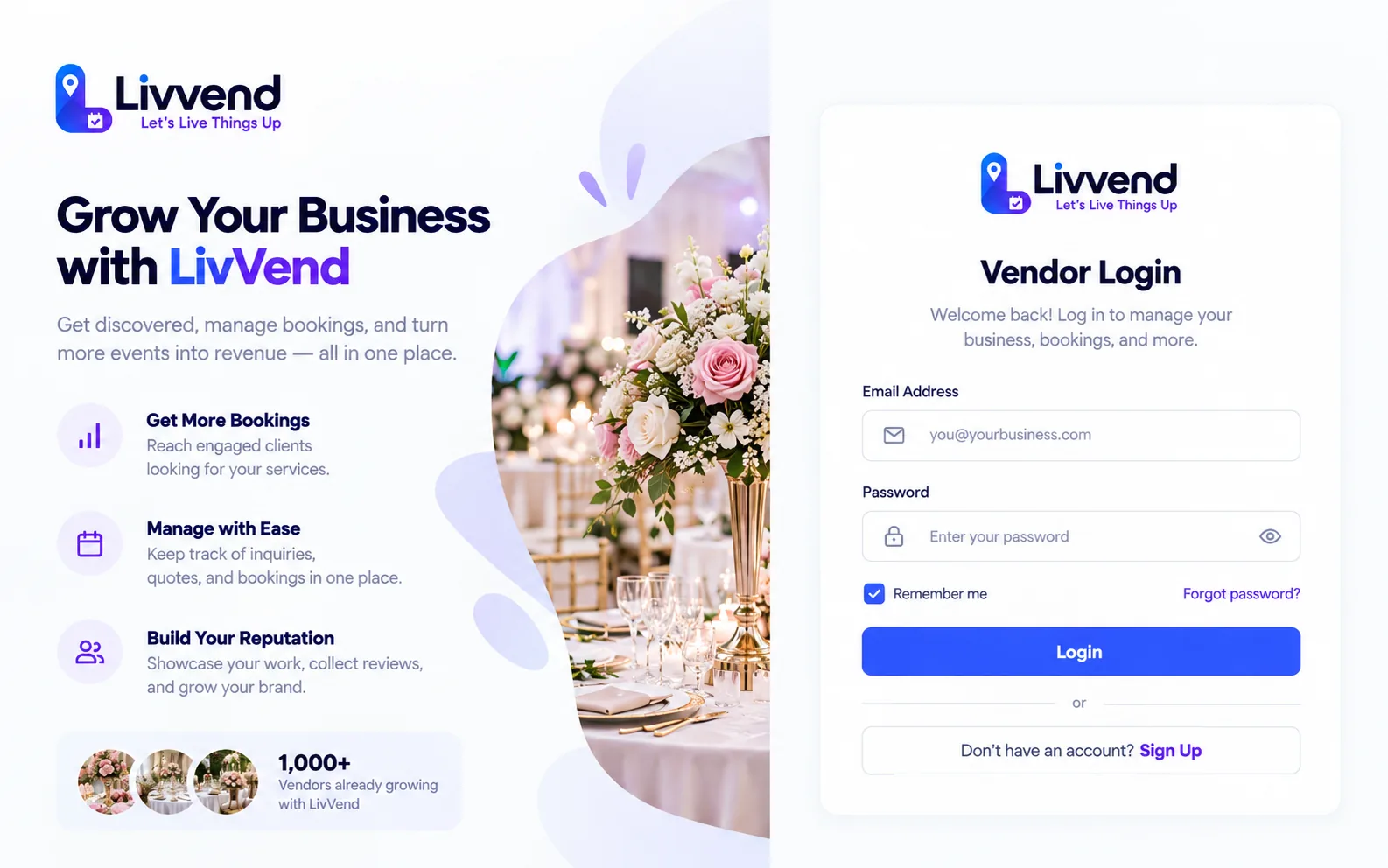 LivVend vendor login screen